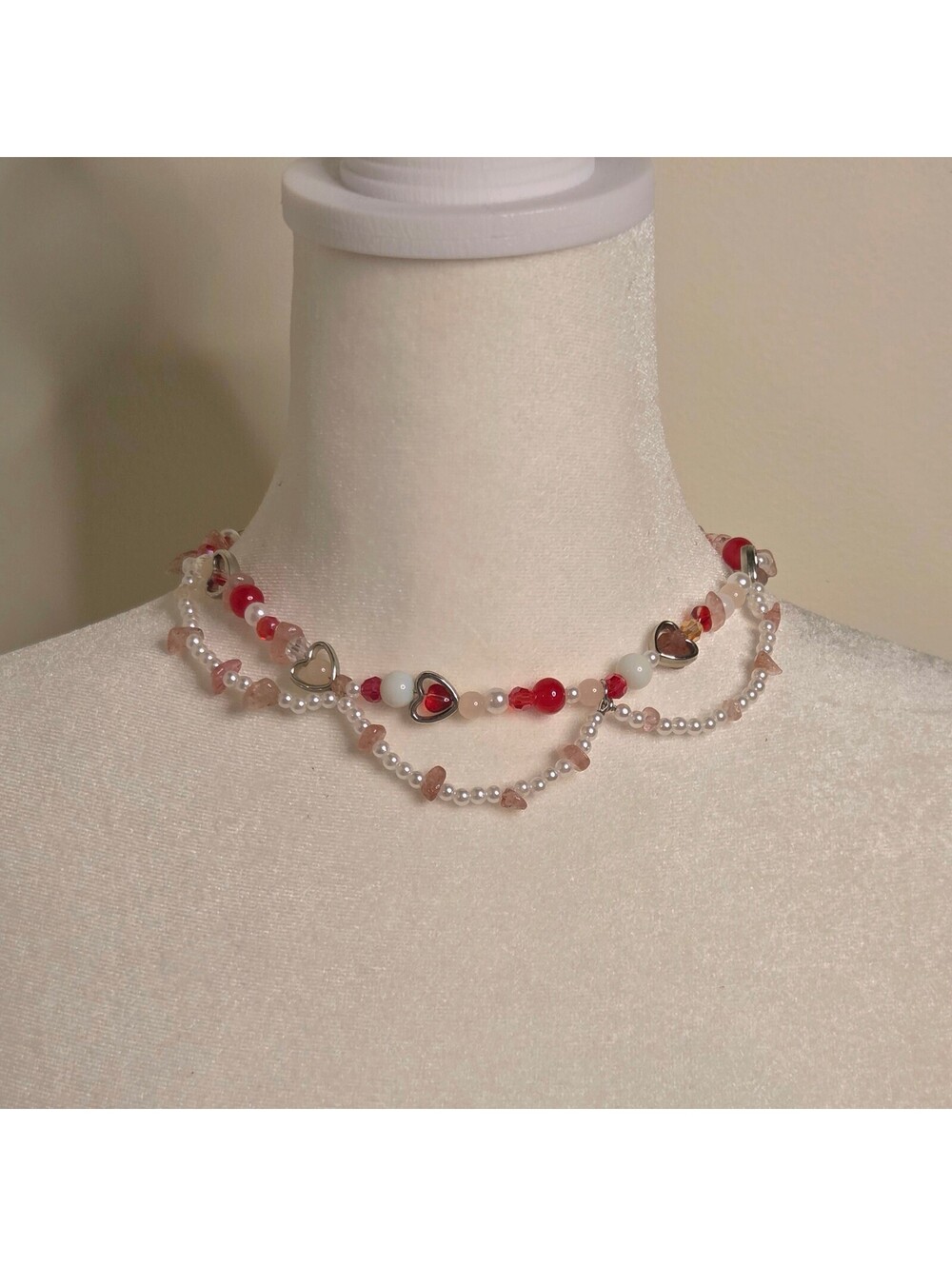 Handmade Heart & Pearl Layered Beaded Choker Necklace Y2K Romantic Kawaii